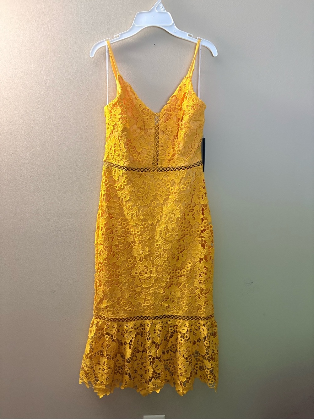 Lulu's golden Yellow Taliah Lace Midi Dress with Ruffle Hem - Picture 4 of 7